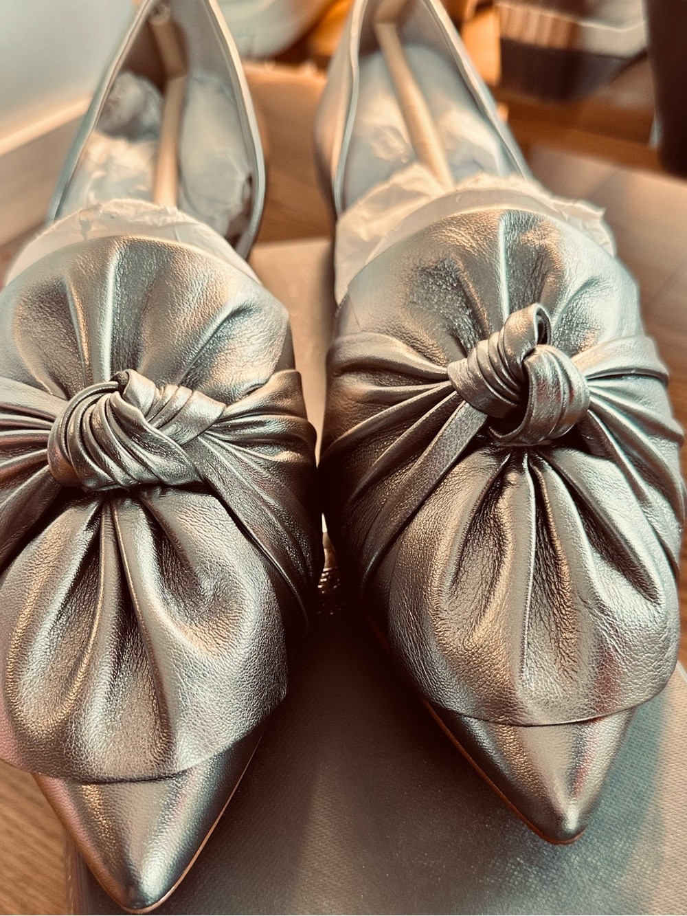 Vince Camuto Moressa Pewter Soft Metallic Knotted Pointed Toe Flats, 11M, NIB